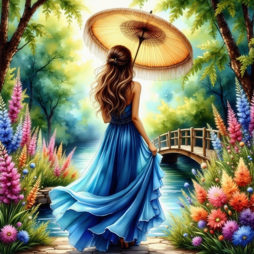 Dreamy Watercolor Garden Scene with Elegant Woman
