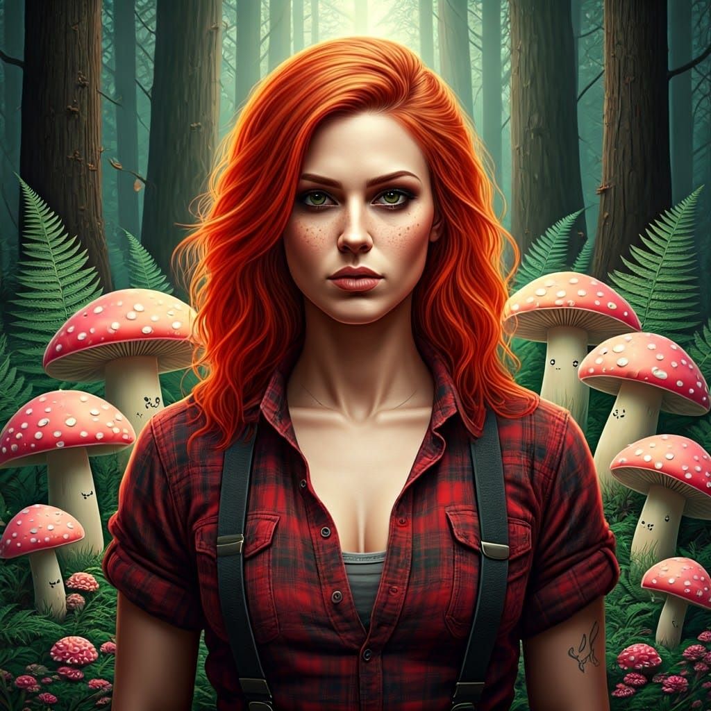 Lumberjack in Kawaii Mushroom Forest: Gritty Realism Meets H...