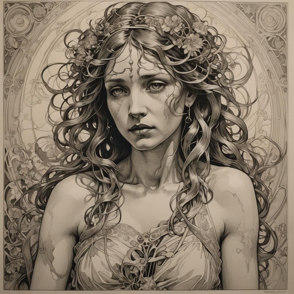 Disfigured Ink Drawing in Art Nouveau Style
