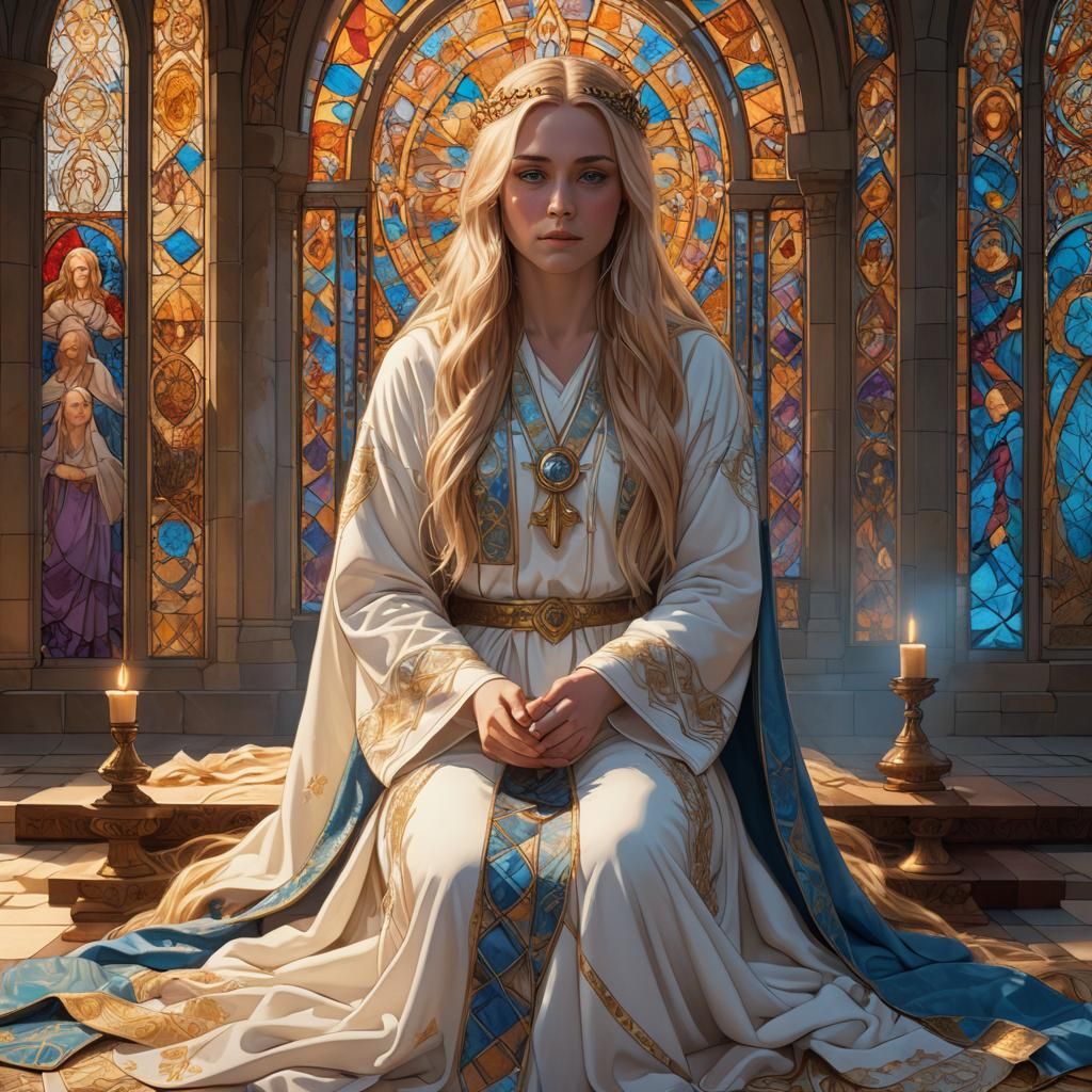 Priestess Kneeling in Altar Light: Fantasy Concept Art