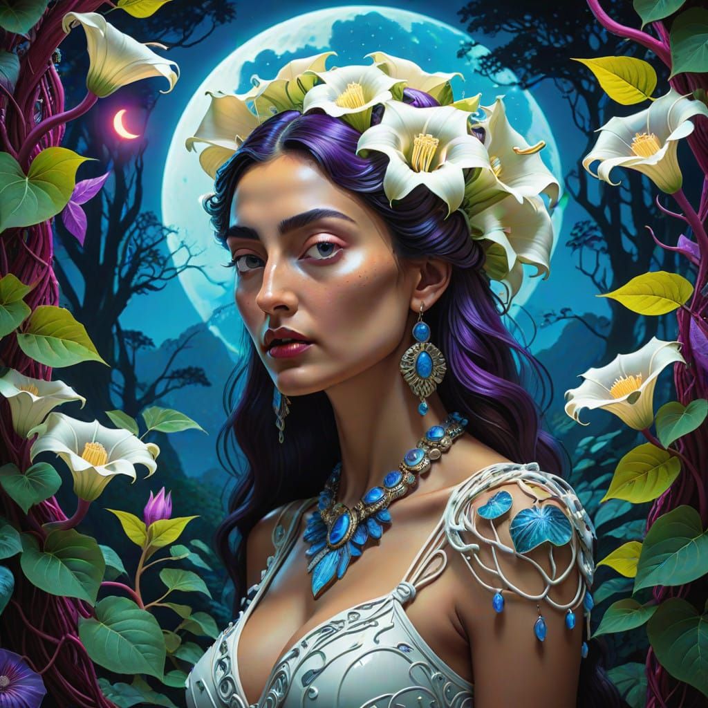 Ethereal Woman Under Blood Moon's Lunar Glow