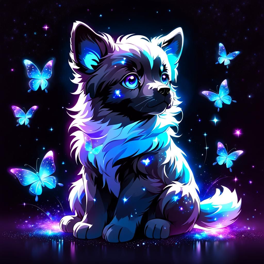 Galaxy Puppy with Butterflies in Magical Light