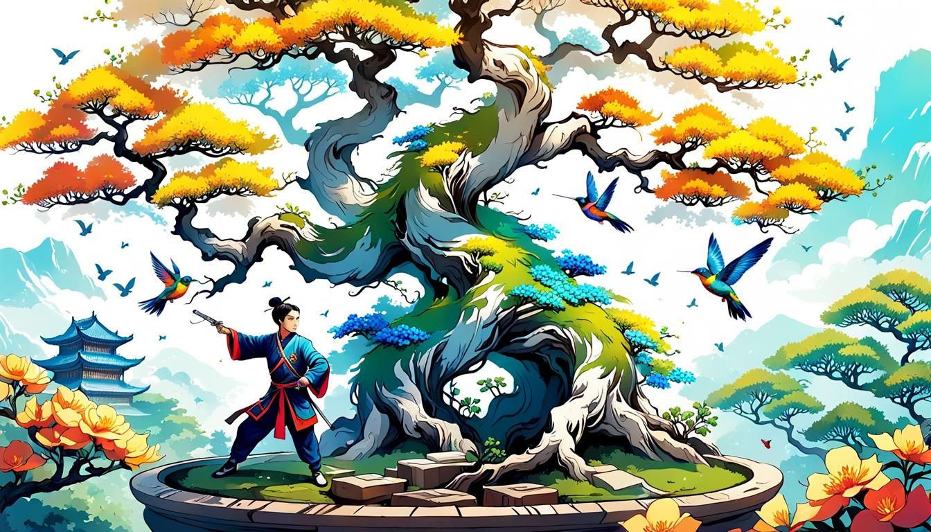 Chinese Dynasty Gardener Pruning Bonsai: Oriental Style