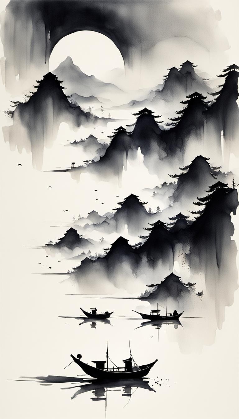 Minimalist Chinese Ink Tsunami with Boats