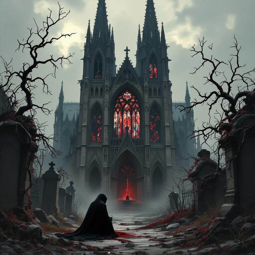 Decrepit Cathedral and Graveyard in Gothic Horror Style
