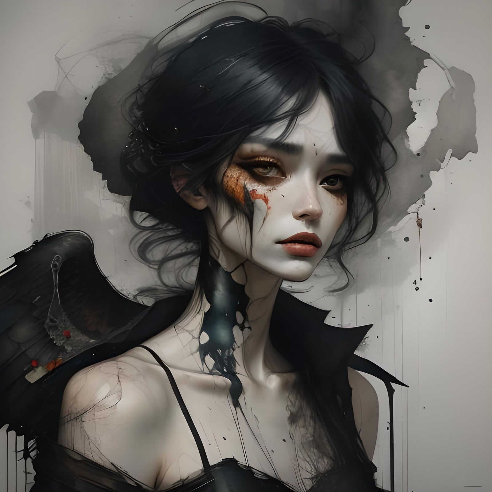 Fallen Angel Ink Drawing in Style of Egon Schiele