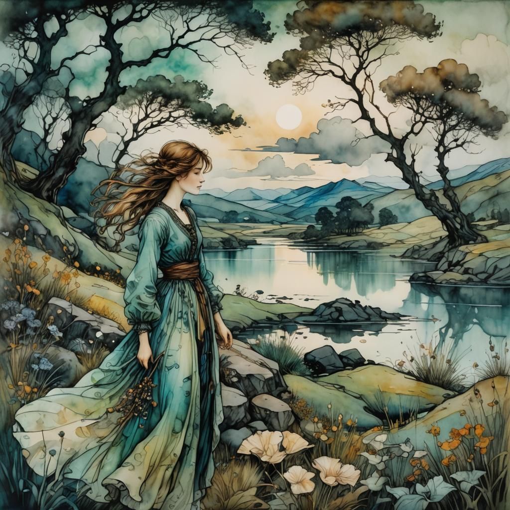 Woman in Serene Landscape, Alcohol Ink Painting