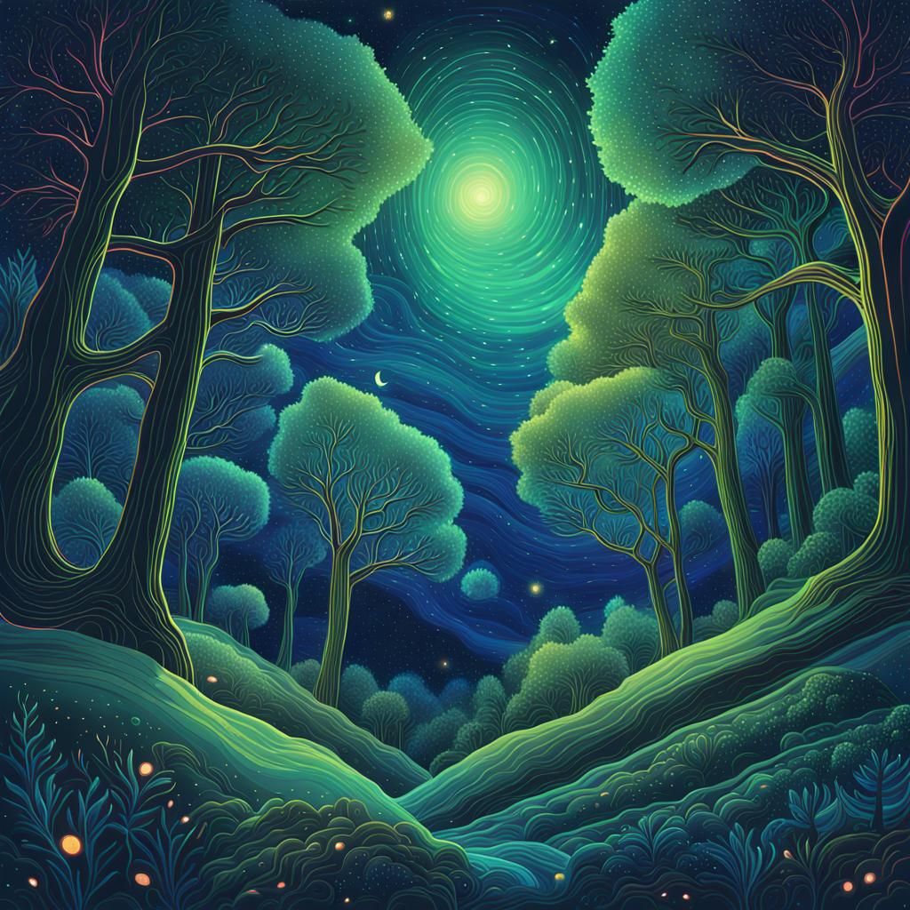 Glowing Green Forest with Astral Cosmic Energy