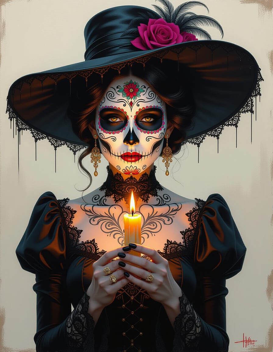 Elegant Decaying Catrina Holding Candle, Oil Painting Style