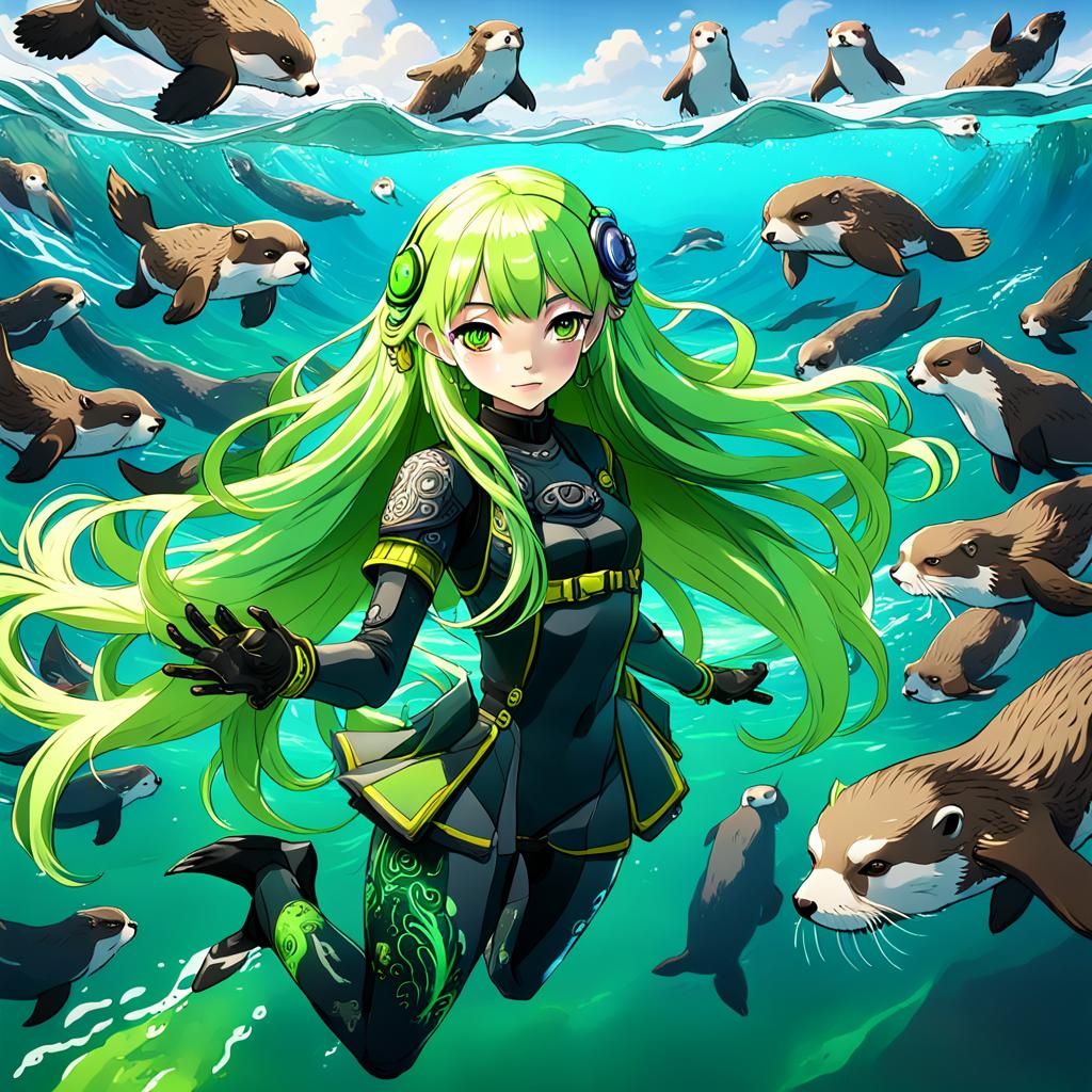 Anime Girl with Sea Otters in Pacific Ocean
