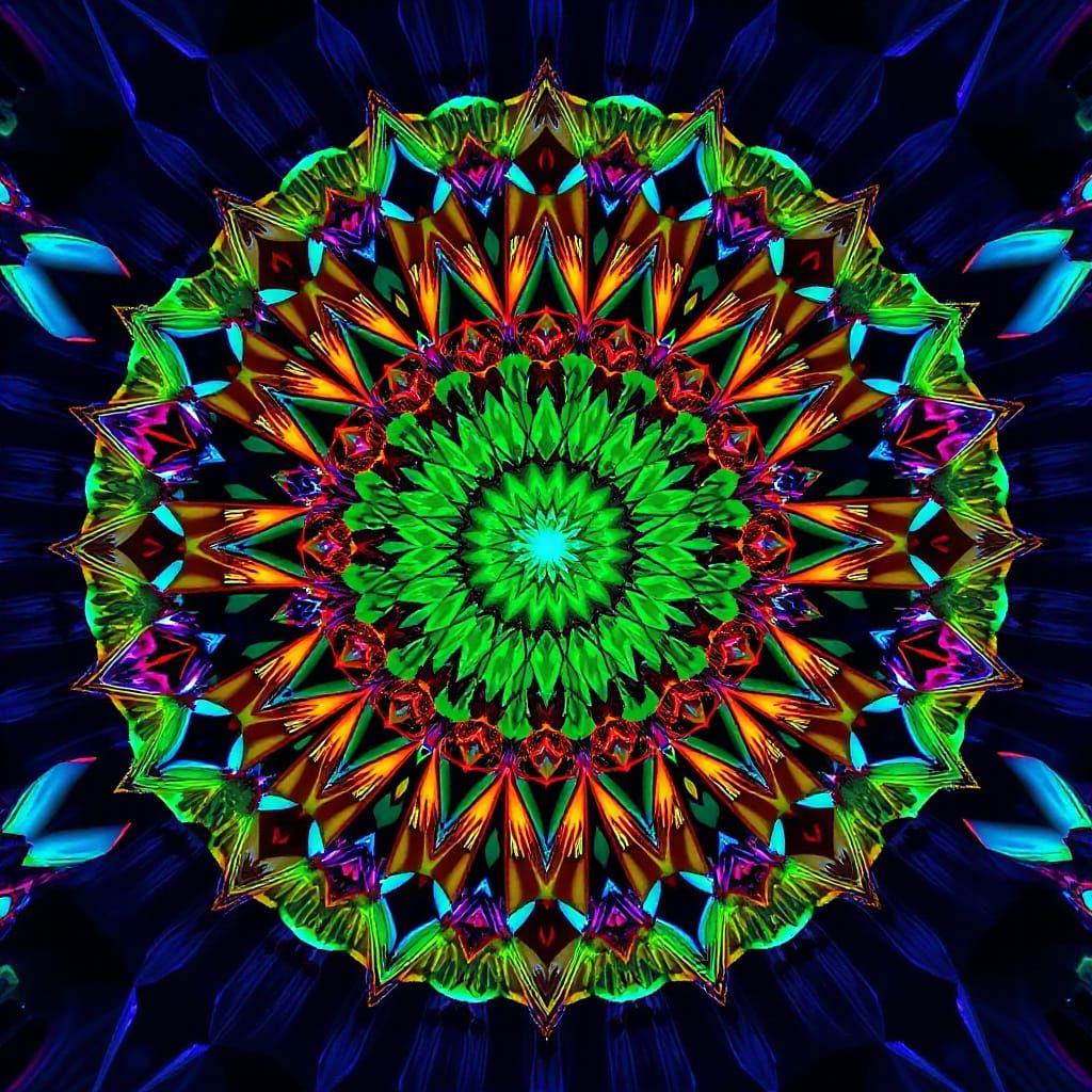 Geometric Mandala with Vibrant Colors and Mirrored Reflectio...