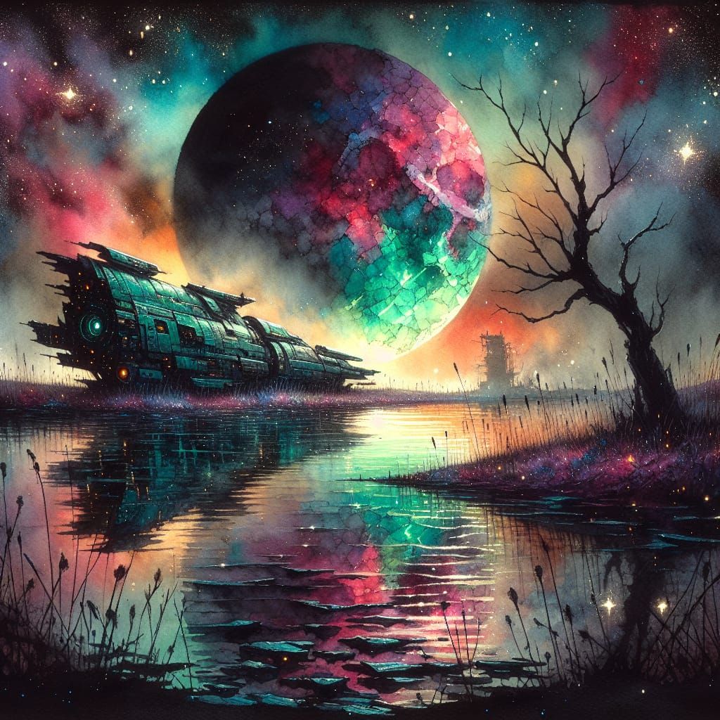 Otherworldly Spaceship Abandoned on Alien Planet in Watercol...