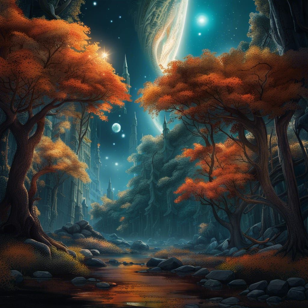 Enchanted Forest Planet Overlooking a Starry Expanse