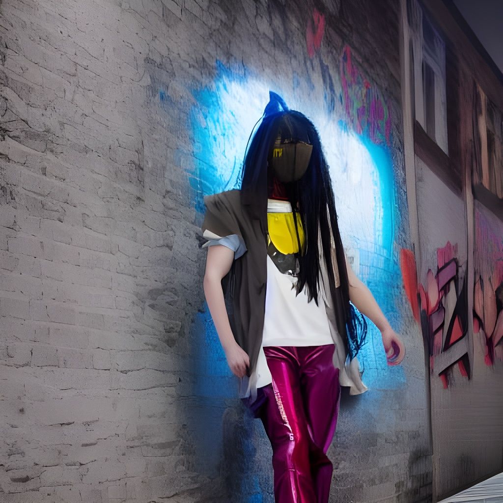 Cyberpunk Dystopian Woman in Distressed Cyberwear Leans into...