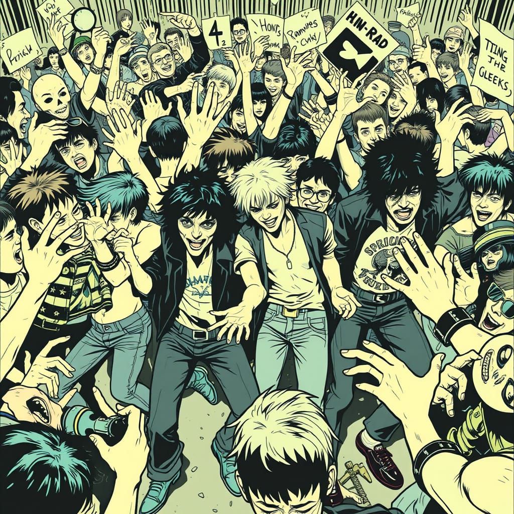 Punk Rockers Dancing in Chaotic Crowd, Comic Art Style