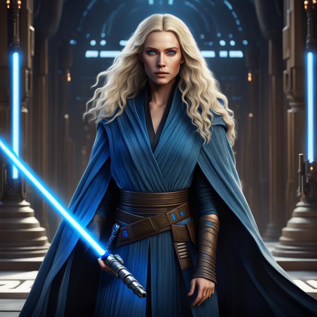 Female Jedi with Lightsaber in Jedi Temple