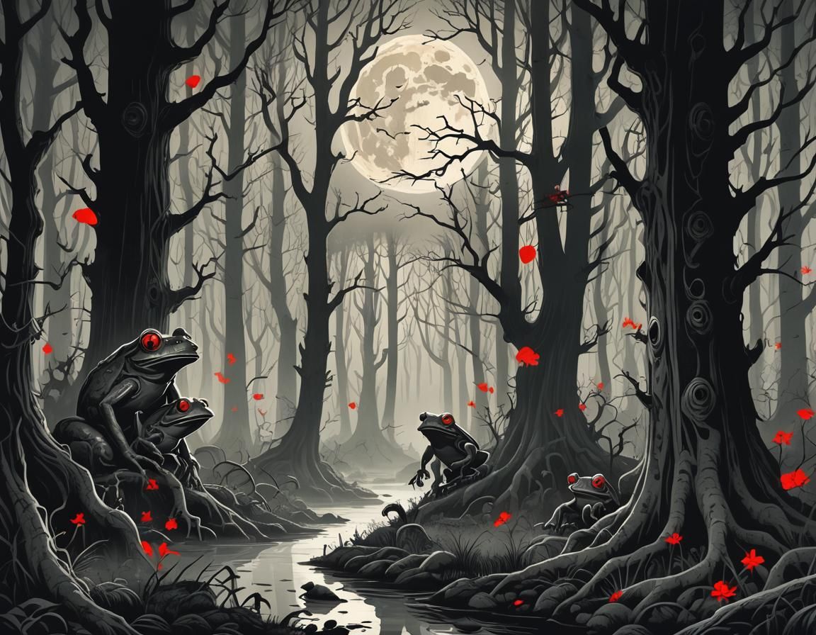 Spooky Monochrome Forest Illustration with Monster Frogs