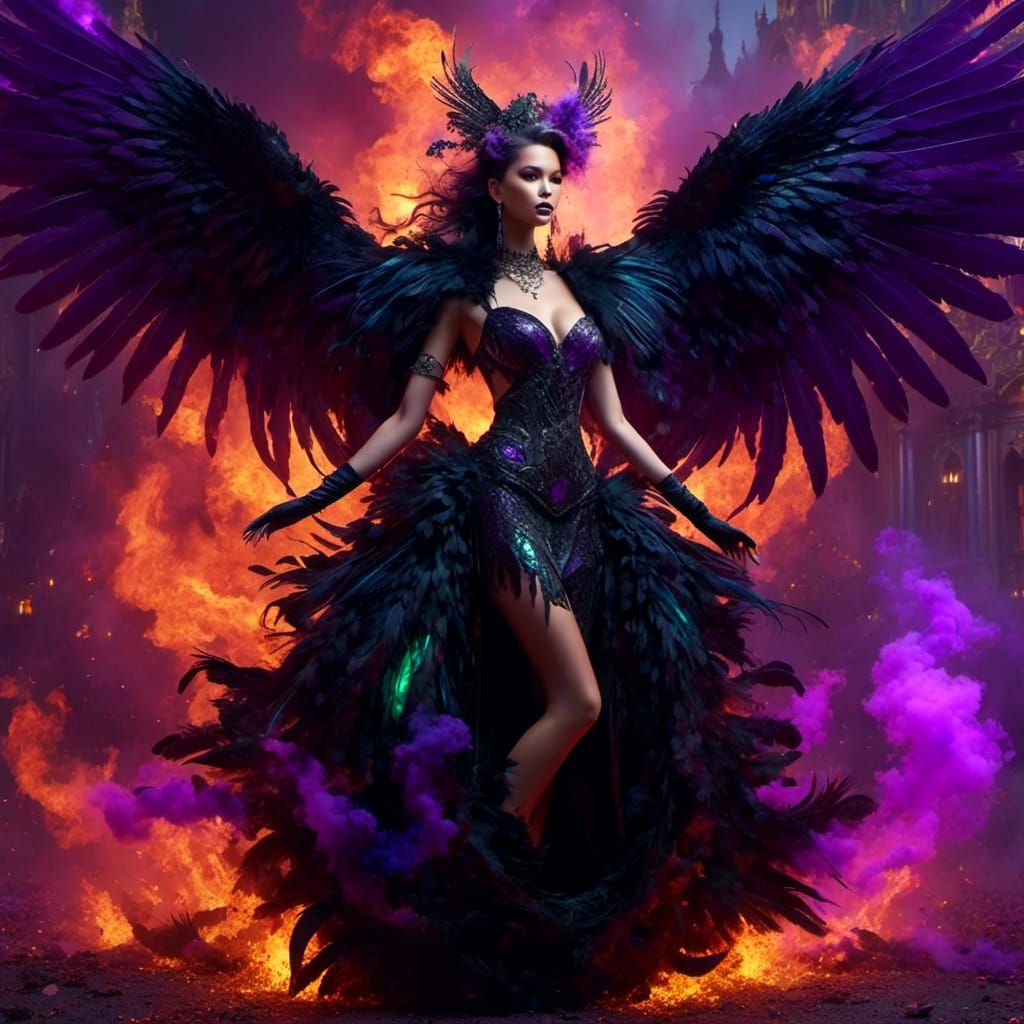 Gothic Feathered Dragon Lady in Emerald Purple