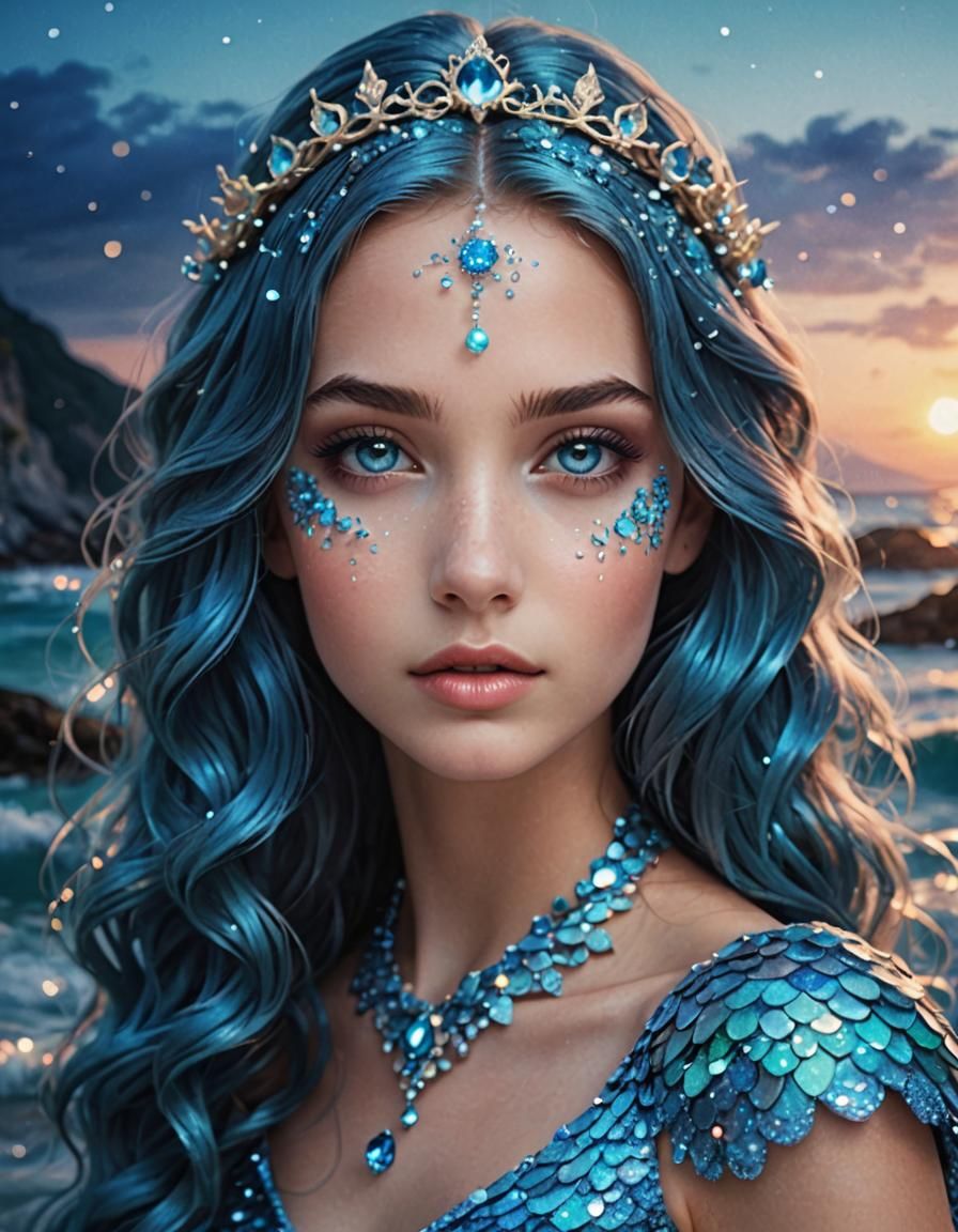 Magical Mermaid with Long Blue Hair in Fantasy Sea