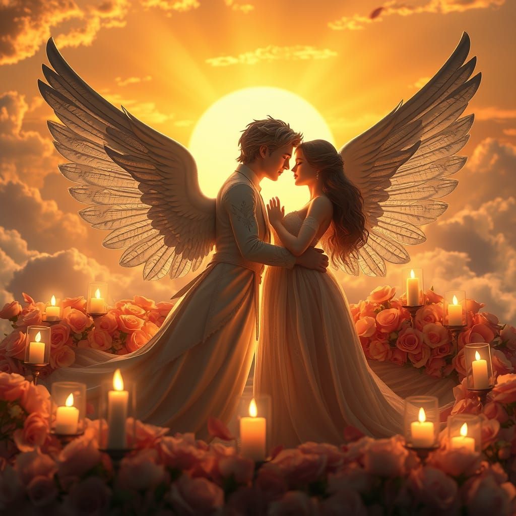 Romantic Whimsical Winged Couple in a Dreamy Sunset Skiescap...