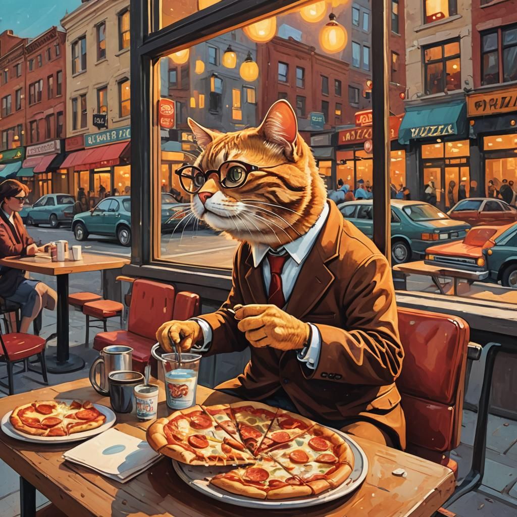 Cartoon Cat Enjoys Pizza in Cozy Restaurant