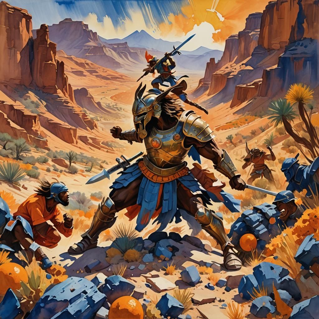 Bronze Warrior Gouache Painting in Desert Battle