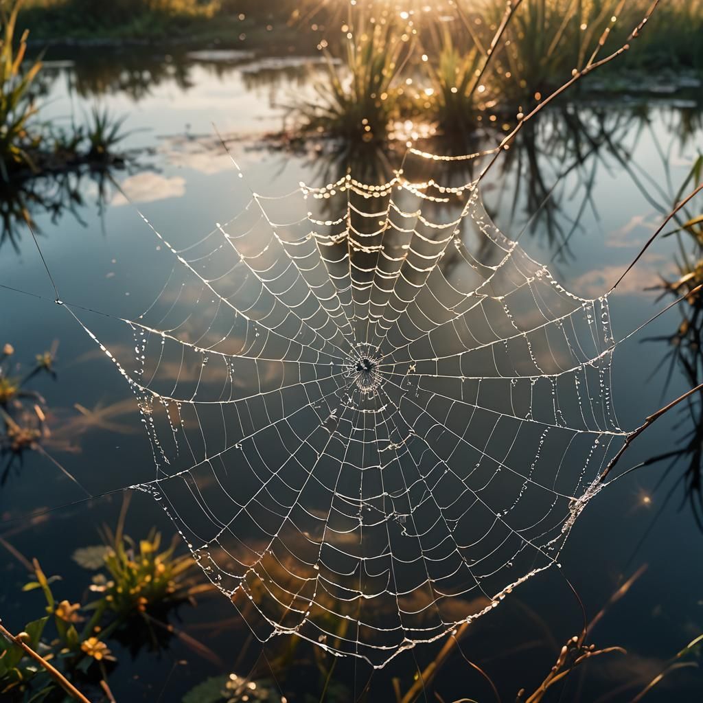 Spiderweb Connects Clouds to Pond in Cinematic Still