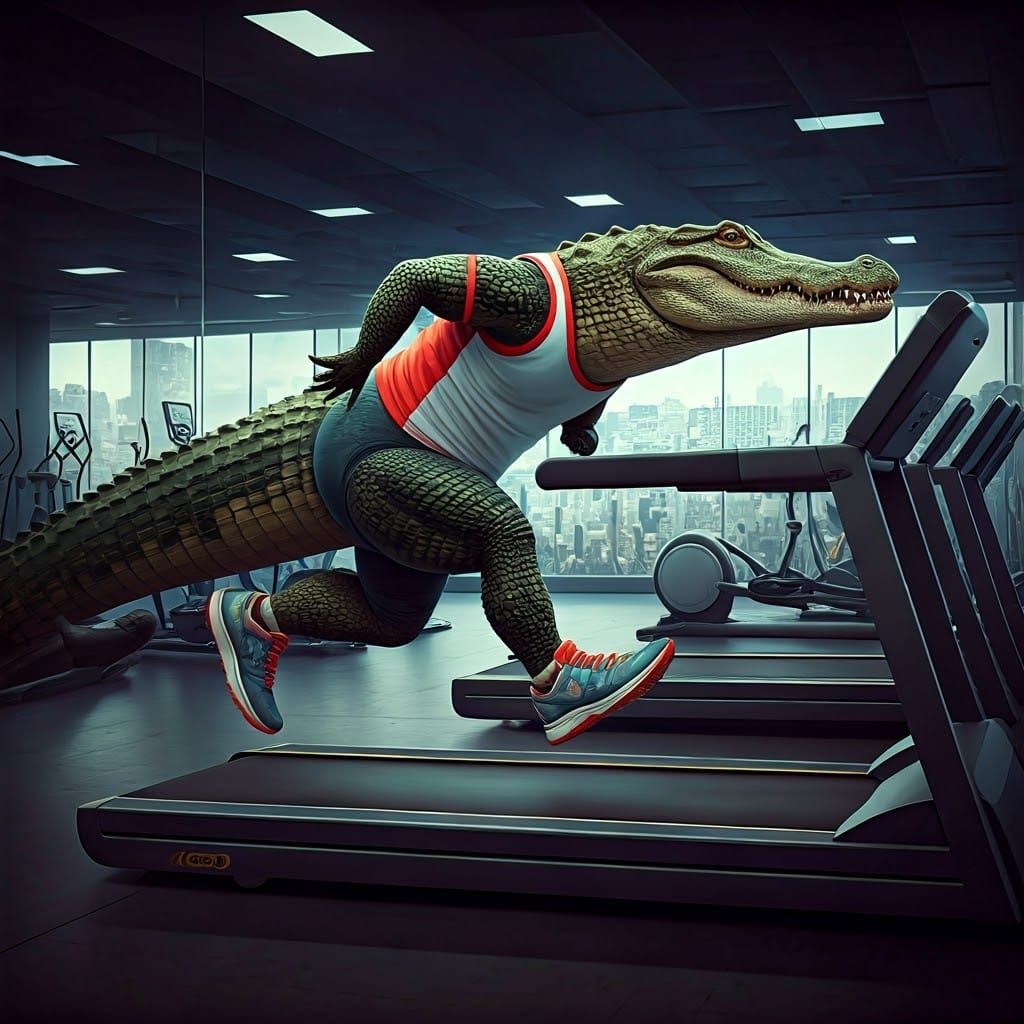 Alligator on Treadmill in High-Tech Gym