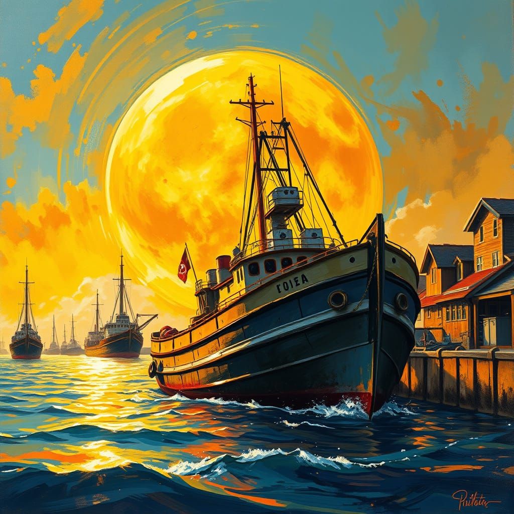 Fishing Boat Harbor at Golden Hour: Oil Painting