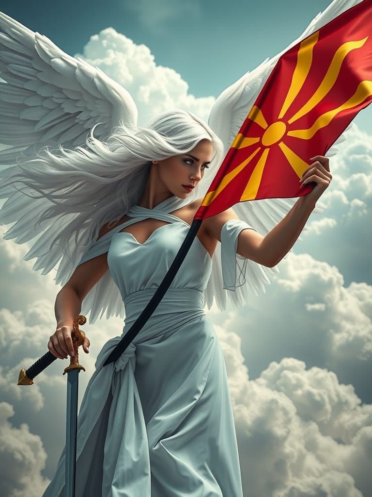 Menacing Angel Waving Macedonian Flag in Heaven