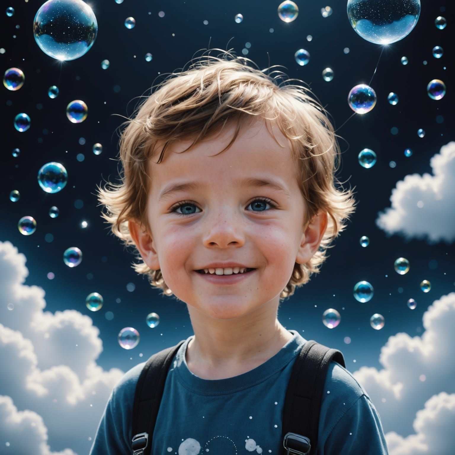 Charming Boy in Circle of Light on Dark Background