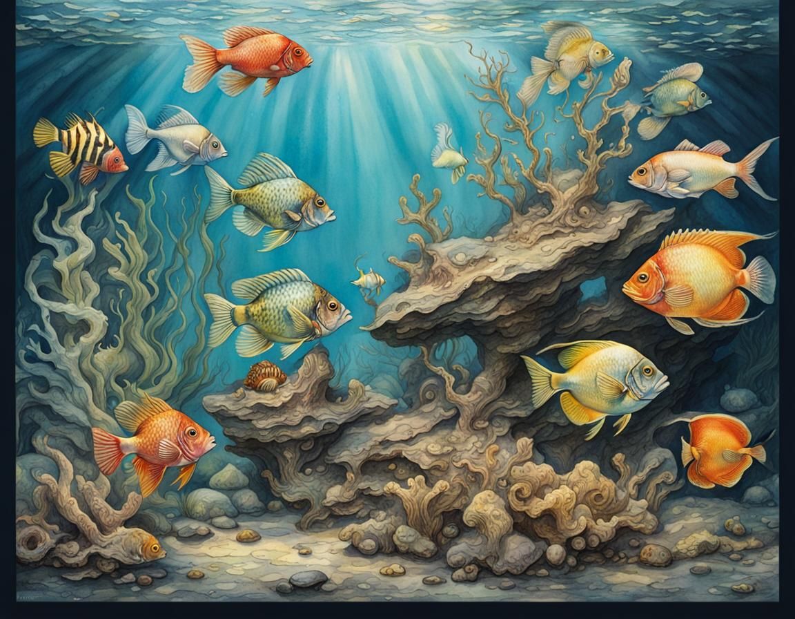 Tropical Fish Underwater Scene in Watercolor Ink