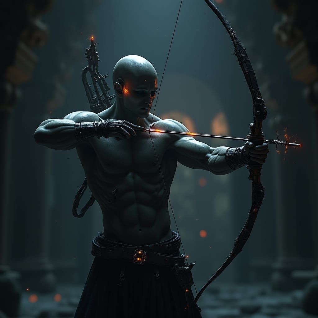 Cybernetic Archer Draws Energy Bow: Hyper-Realistic Close-Up