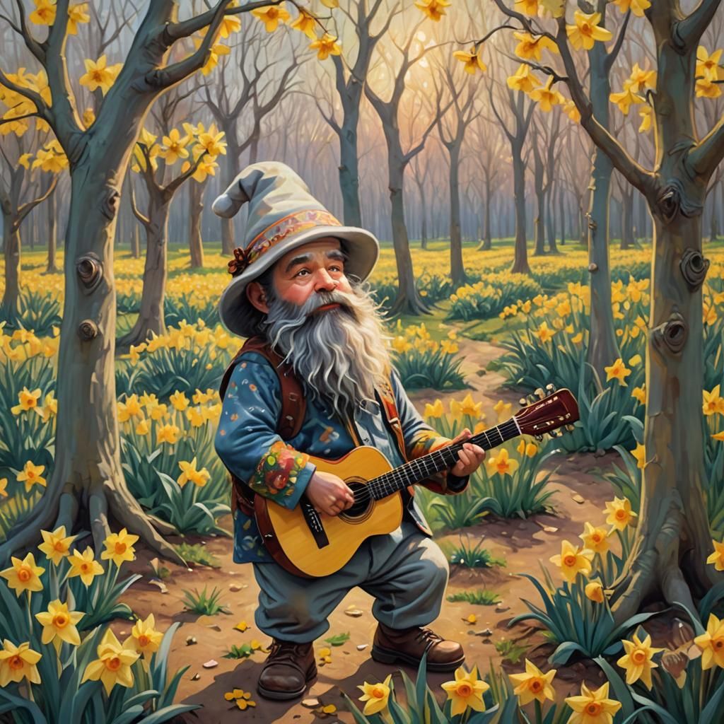 Dwarves in a Daffodil Grove: A Surrealist Scene