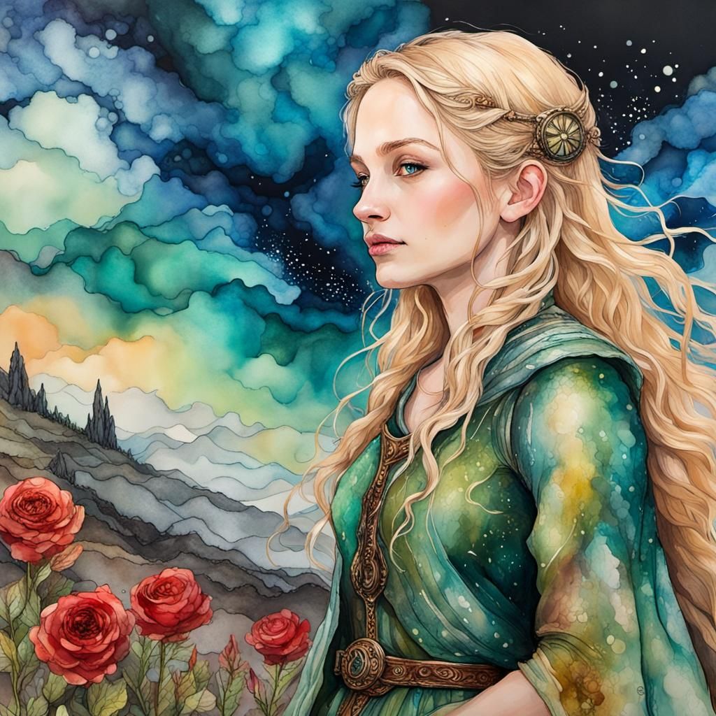 Eowyn at Weathertop in Alcohol Ink Style