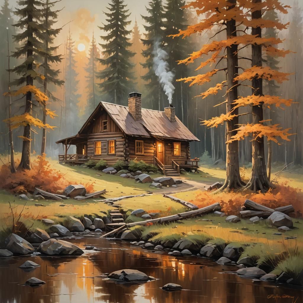 Cozy Cabin in Woods: Impressionistic Oil Painting