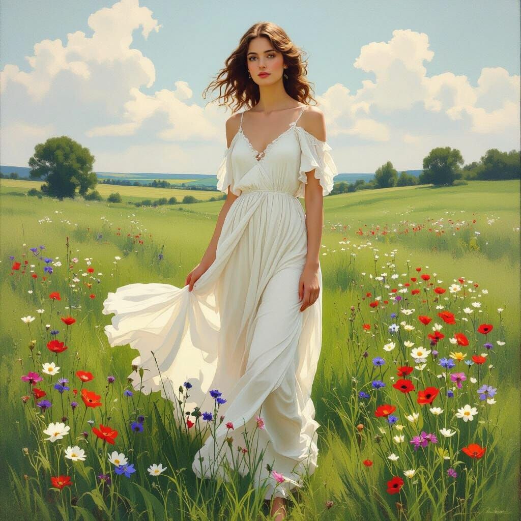 Serene Woman in Meadow, Art Nouveau Style