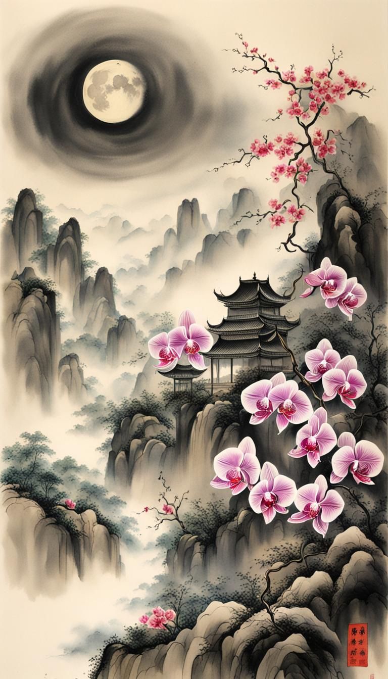 Orchid Flowers in Chinese Ink Painting Style
