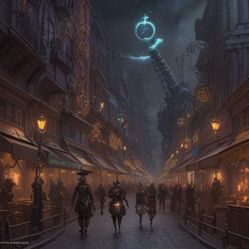 Steampunk Christmas Street Scene at Night
