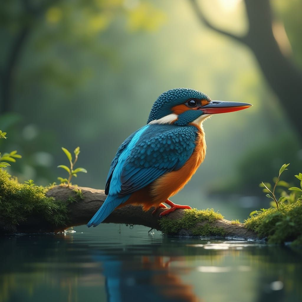 Majestic Kingfisher Perched on Mossy Branch in Tranquil Rive...
