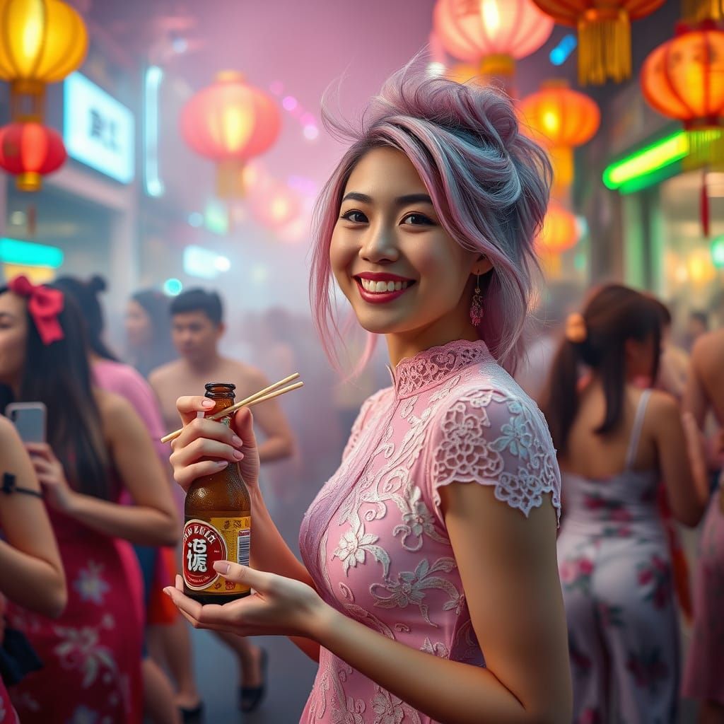 Pastel Chinese Woman at Lunar New Year Party