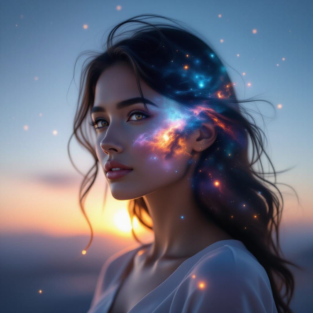 Woman Silhouette Merging With Starry Nebula, Cinematic Sci-F...