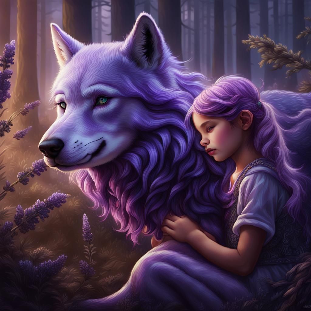 Enchanted Girl Befriends Majestic Purple Wolf