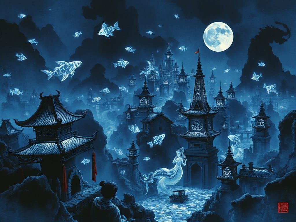 Bioluminescent Underwater City in Chinese Ink Style