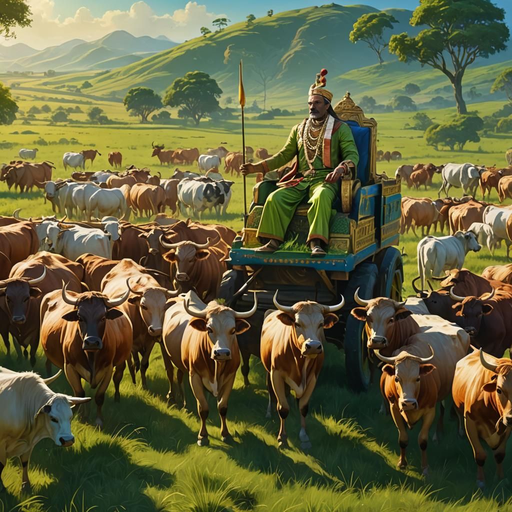 Indian King and Bullocks in Vibrant Field