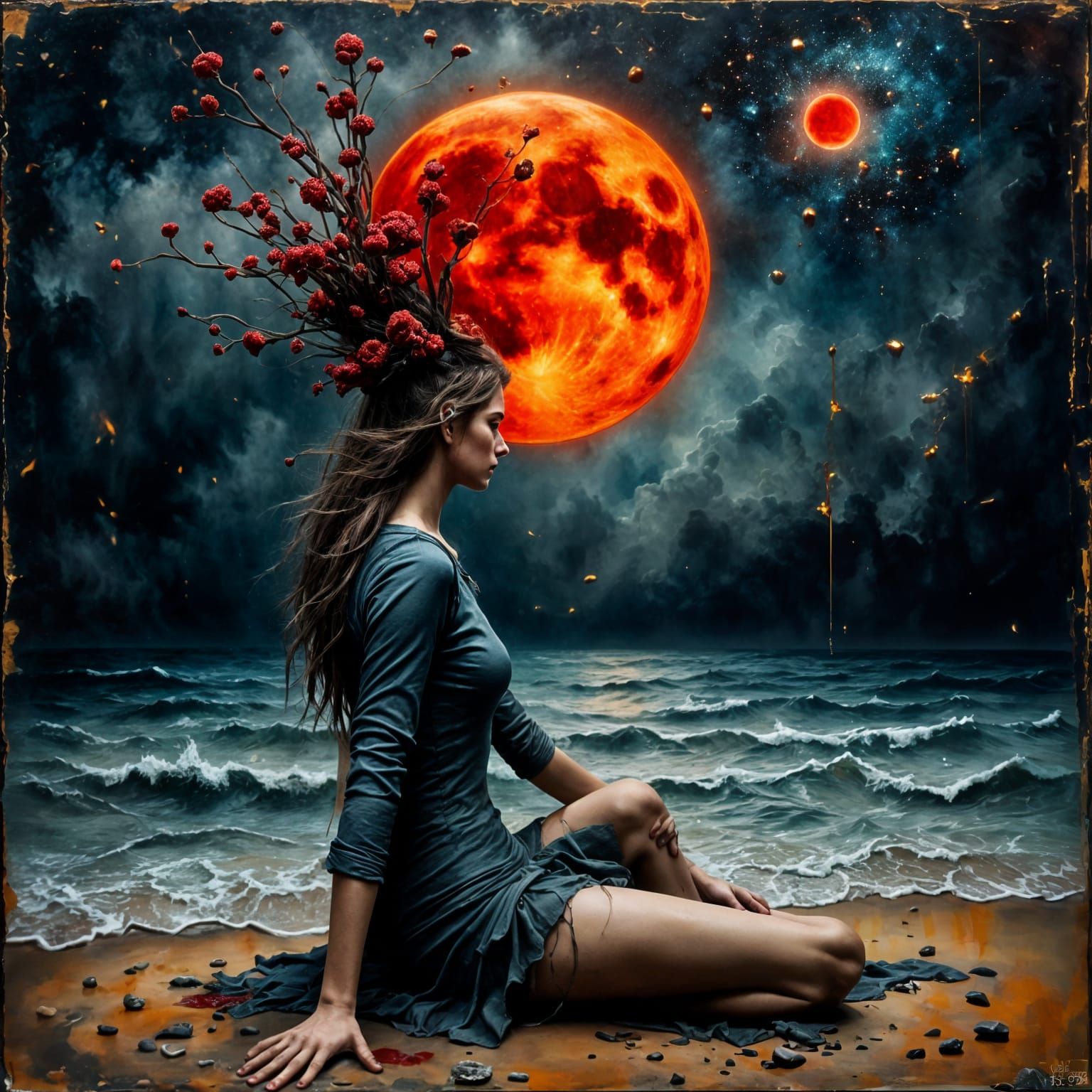 Moody Woman with Blood Moon, Impasto Painting