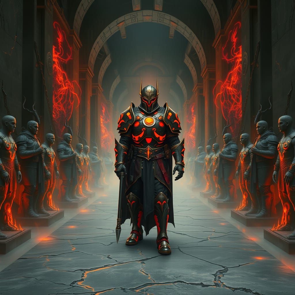 Kaelith Emberward in Scorched Armor with Dystopian Murals