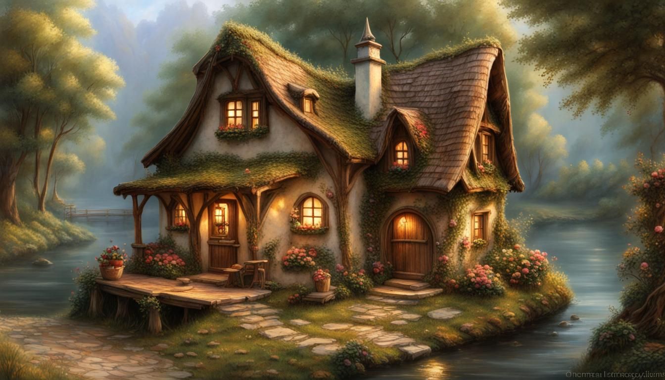 Miniature Alpine Village in Hyperrealistic Art Nouveau Style