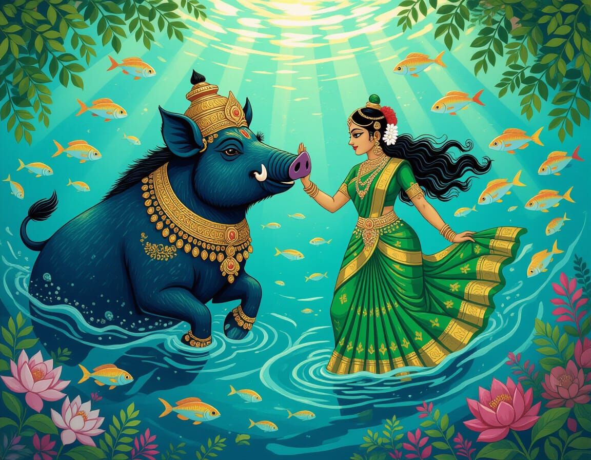 Boar God Rescues Earth Goddess: Indian Folk Art