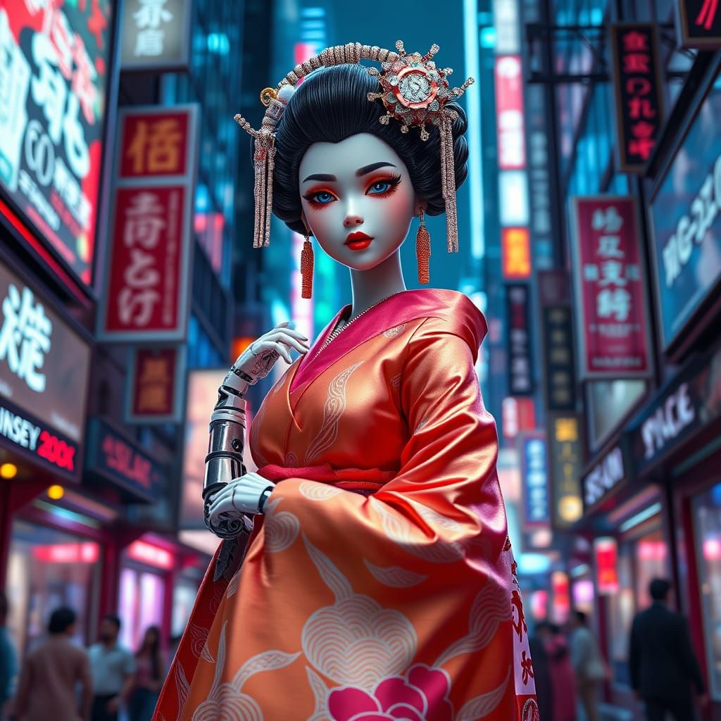 Cyberpunk Geisha BJD Doll in Neon-Lit Alleyway